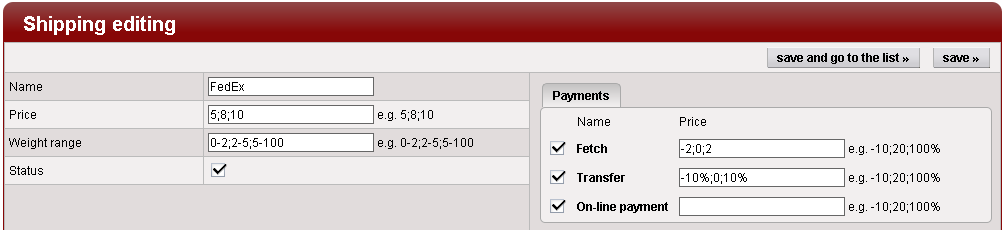 Shipping method form