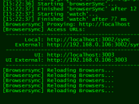 Zrzut ekranu działania gulp i browser-sync